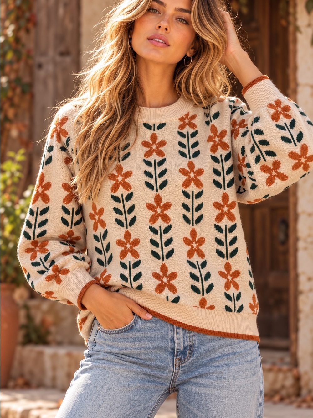 ZESICA Floral Knit Sweater Small Cream Rust Green